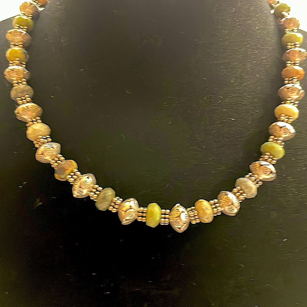 Elegant Green and Yellow Turquoise Necklace with Thai Silver Accents